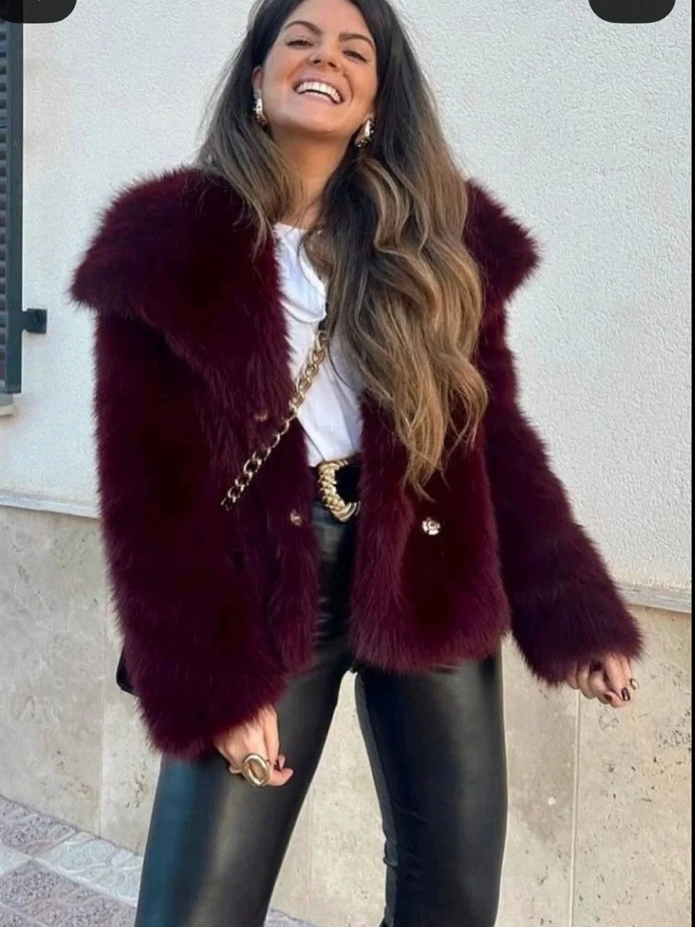 Women's Faux Fur Jacket shaggy Burgundy Plush Coat